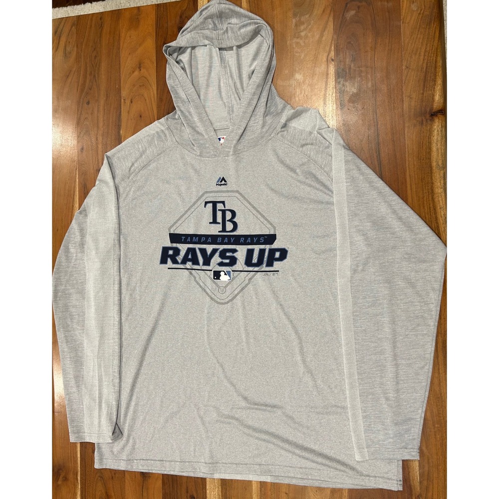 Majestic Tampa Bay Rays MLB Mens 2XL Gray Rays Up Hooded Performance Shirt Hoody